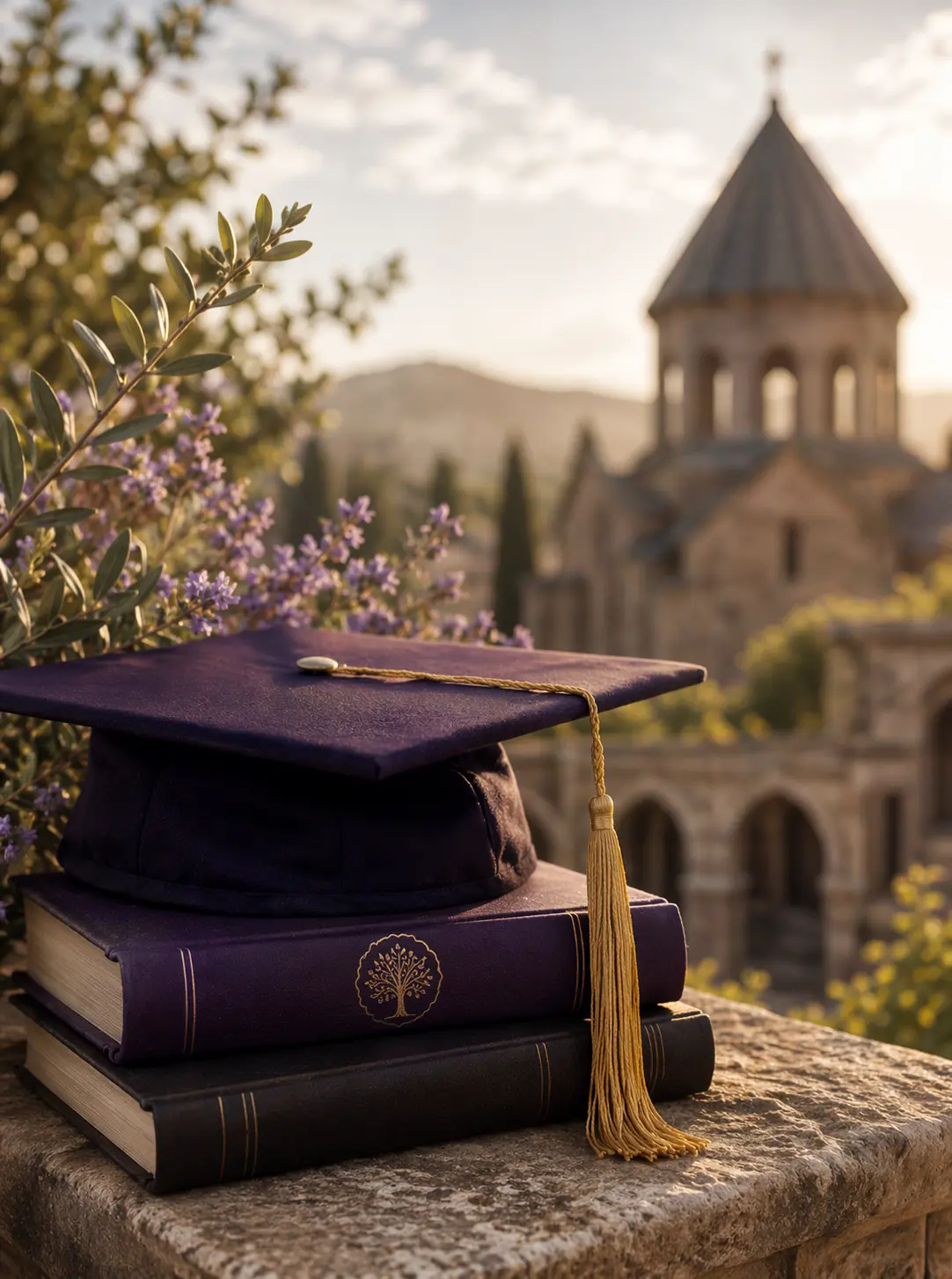 Graduation cap on books representing an endowment fund supporting Armenian student scholarships and academic success