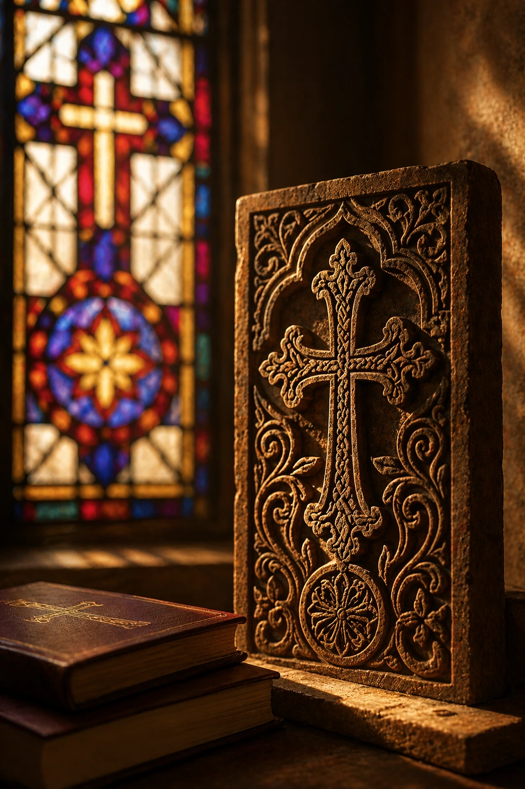 Stained glass cross in an Armenian church reflecting faith and support for Armenian education